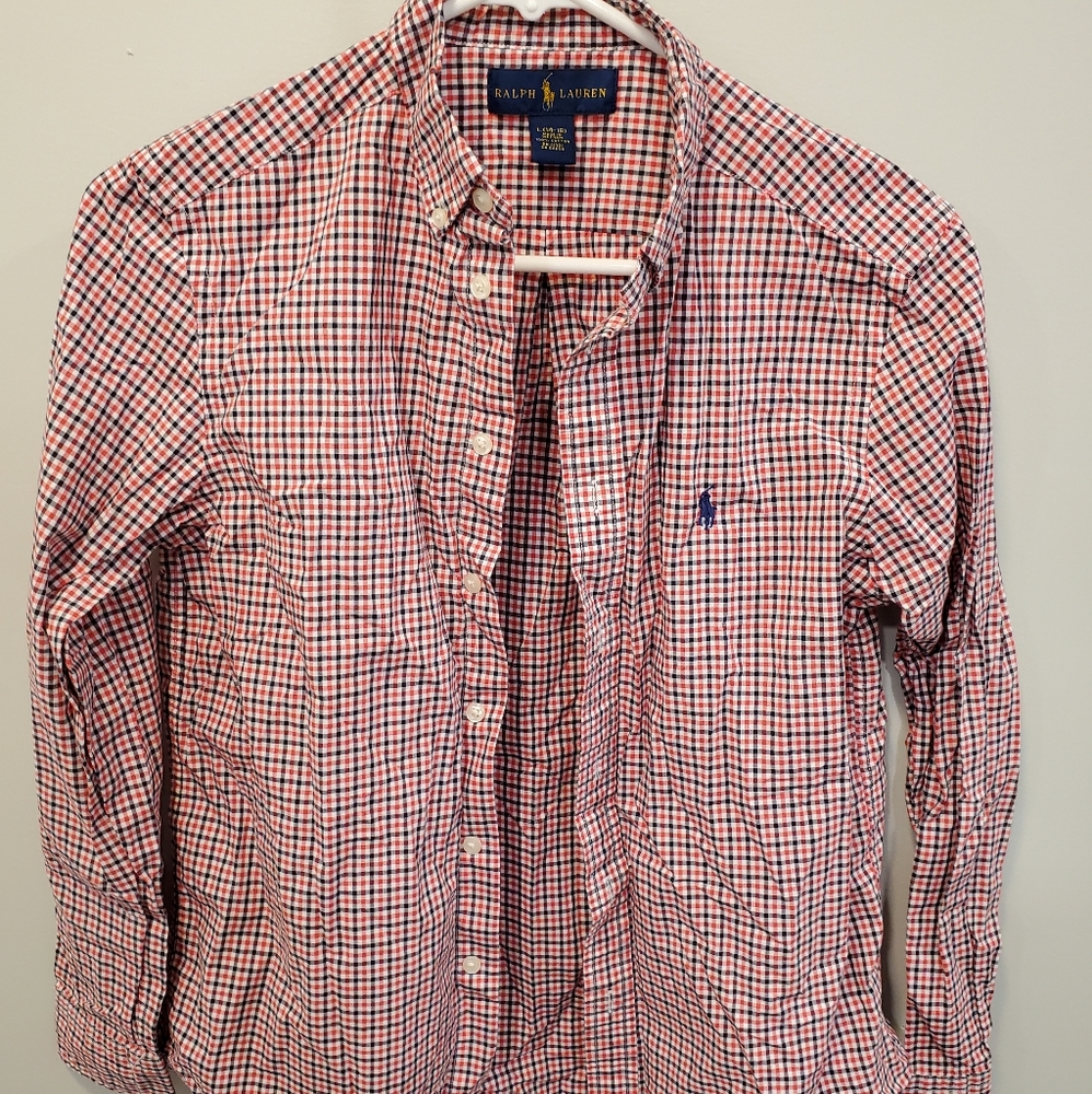 Boys Ralph Lauren Button Down Large 14-16 Red Blue Plaid